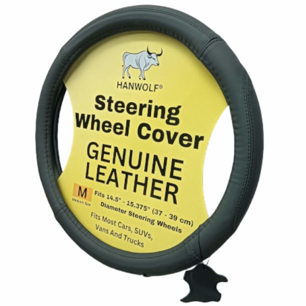 Black HANWOLF genuine leather steering wheel cover